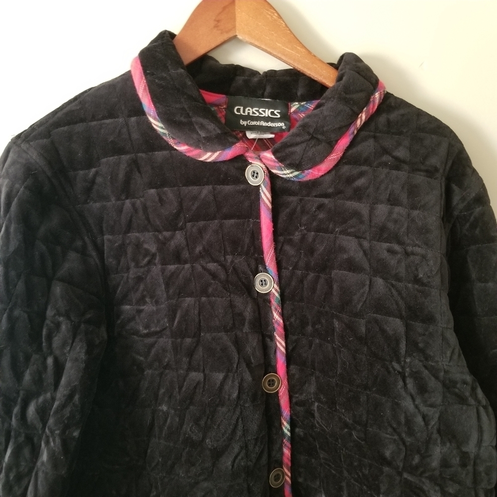 Vintage 90s Quilt Coat Plaid Cotton Lined Black Velvet Size Vintage XL - Picture 3 of 10